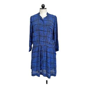 Lucky Brand Shirt Mini Dress Blue Black Geometric Tie Waist 3/4 Sleeves Size 1X